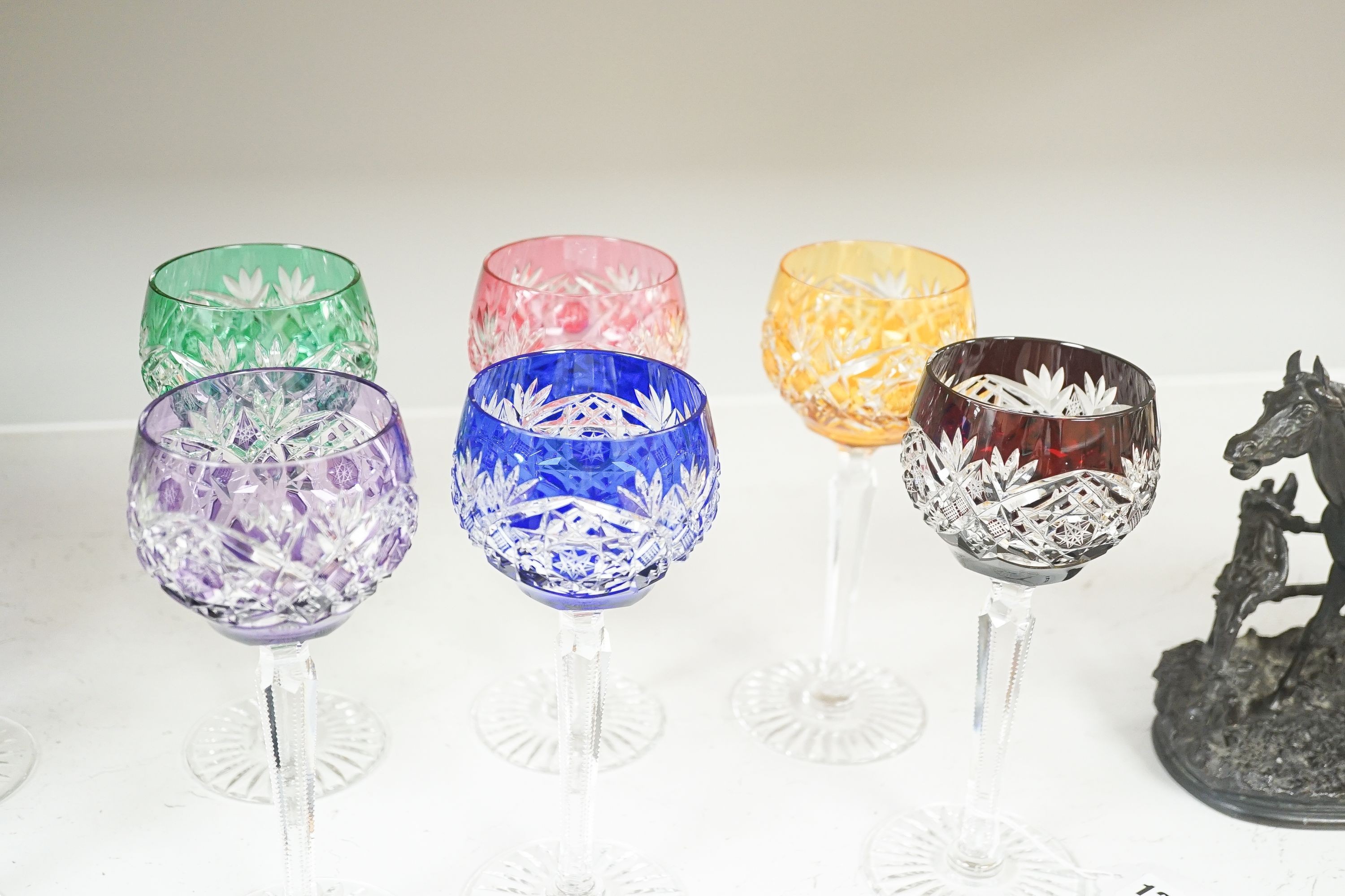 Two harlequin sets of six cut and colour flashed Hock glasses, tallest 21 cm(12)